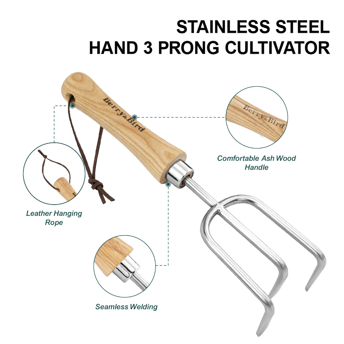 Stainless Steel Hand 3 Prong Cultivator