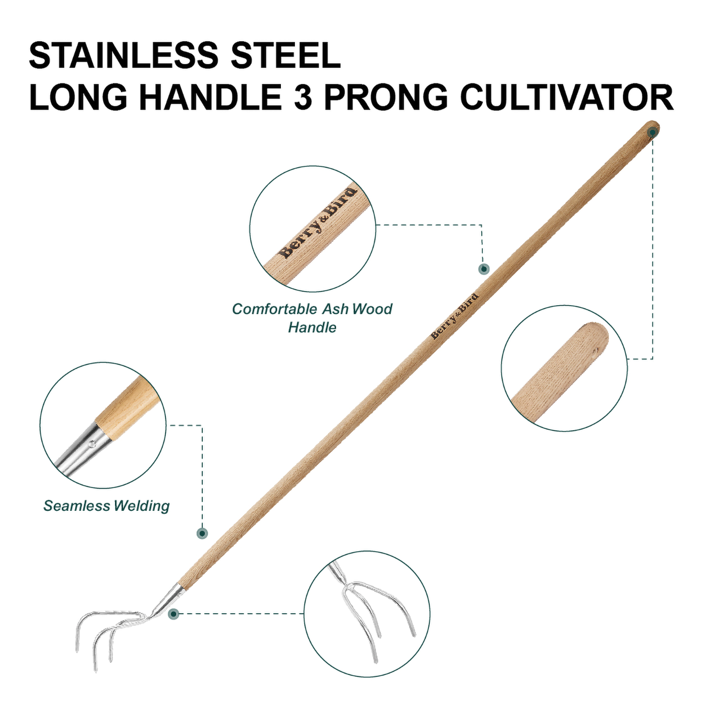 Stainless Steel Long Handle 3 Prong Cultivator